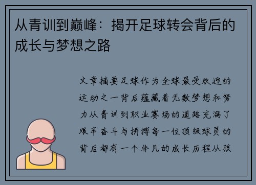 从青训到巅峰：揭开足球转会背后的成长与梦想之路